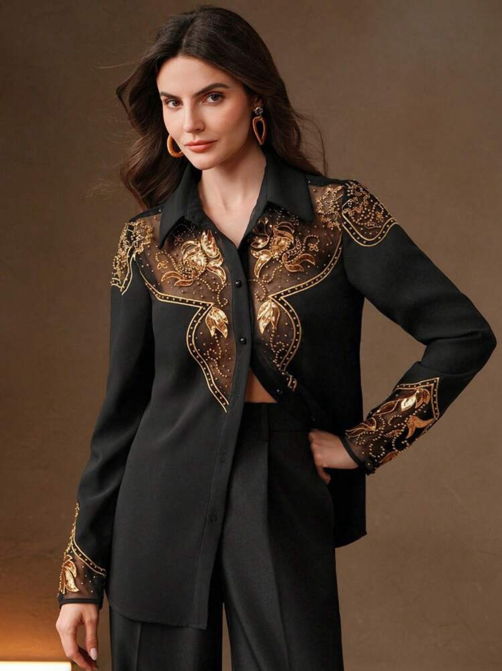 NEW ANEWSTA Black Beaded Western Blouse Rodeo Luxe Gothic Glam Baroque Women’s L